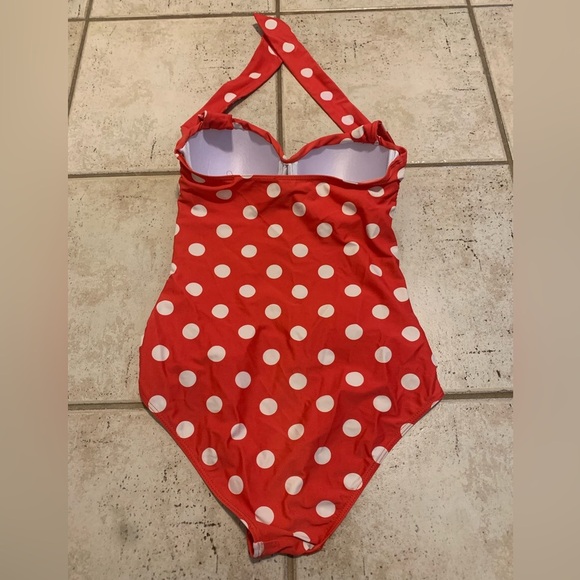 Retro Red & White Polka Dot Ruched Halter One-Piece Swimsuit- Small - Picture 3 of 5